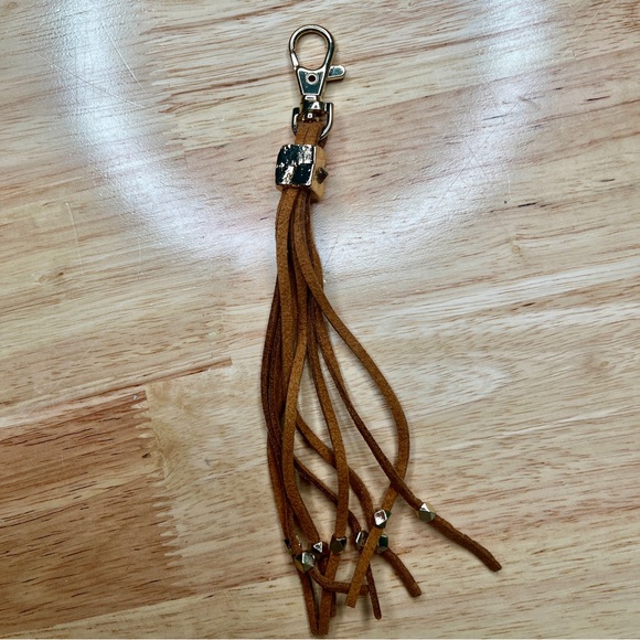 Brown Suede Faux Leather Tassel Gold Stone Beaded Keychain Boho NWOT - Picture 2 of 4